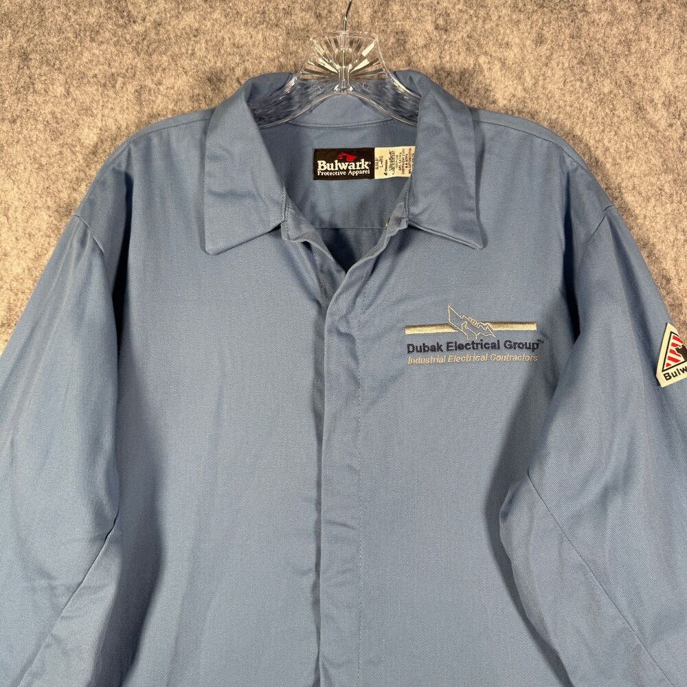 Bulwark FR Shirt Mens Large Blue Snap Button Flame Resistant Company Logo